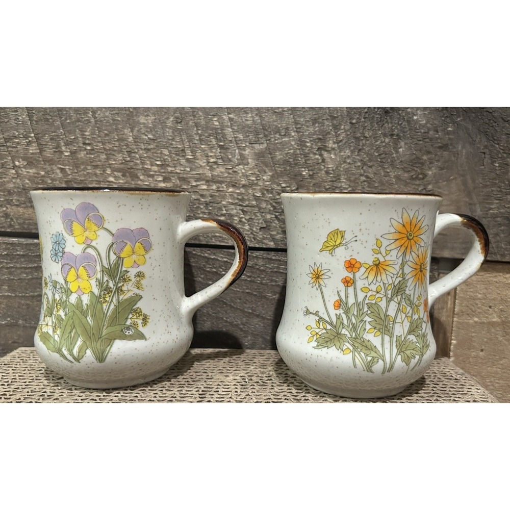 Vintage Takahashi Speckled Stoneware Floral Coffee Mugs‎ Lot Of 2 Retro